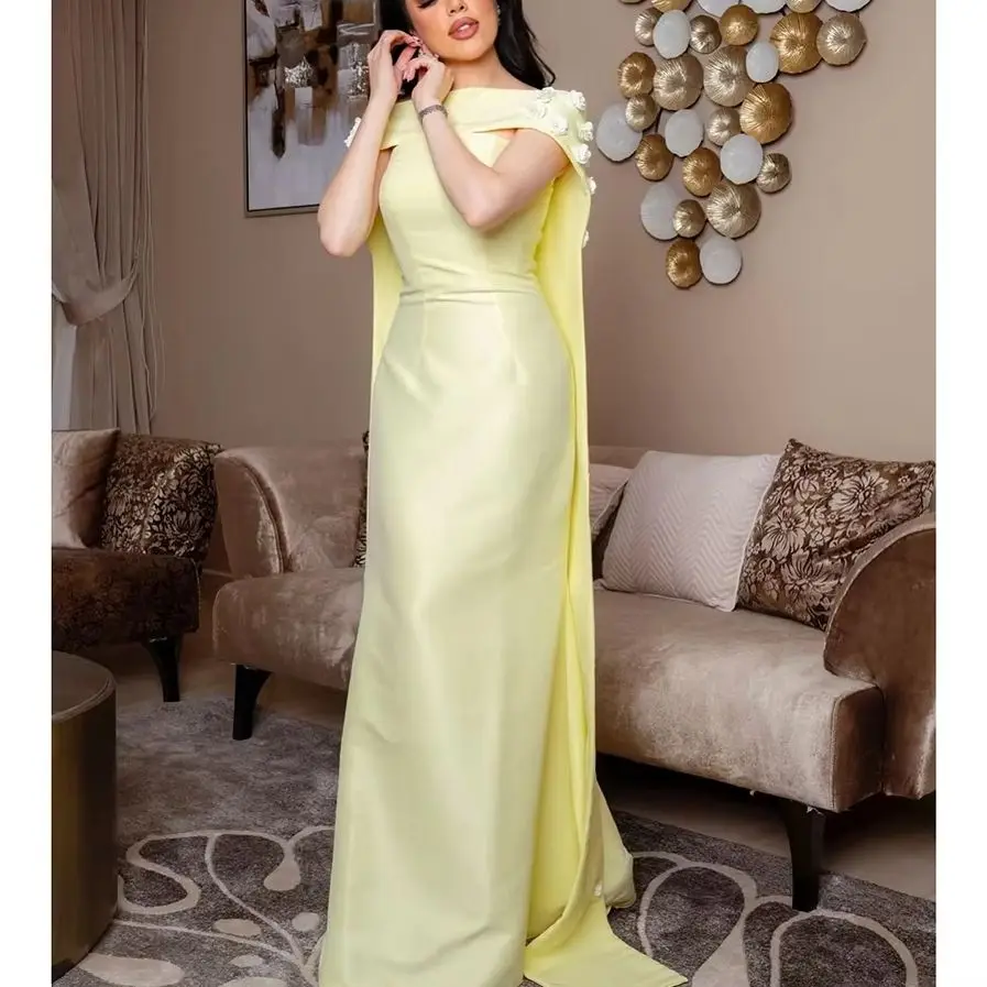 

Modest Light Yellow Evening Dress Customized with Cape Boat Neck Flowers Satin Mermaid Evening Gonws Formal Party Dress 2026
