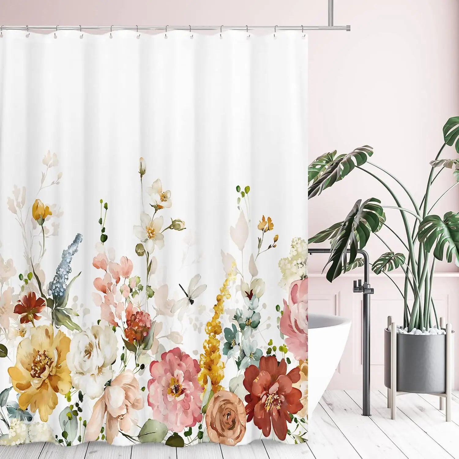 Watercolor Floral Shower Curtain – Red & Pink Blooms with Sage Green Leaves, Elegant Tropical Bathroom Decor