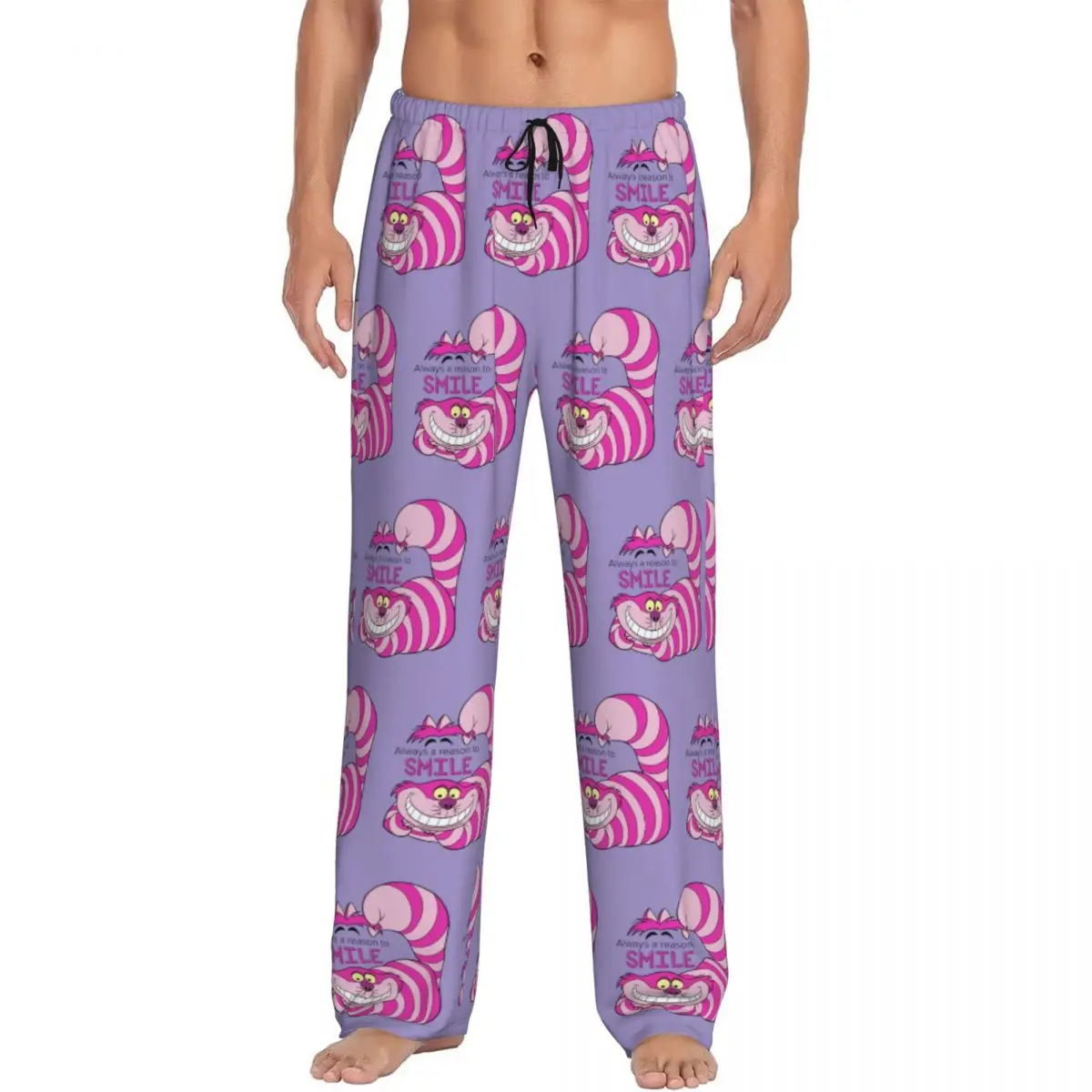 Pantalones de pijama de gato de Cheshire personalizados para hombres cómic Alice Wonderland dibujos animados salón dormir ropa de dormir con cordón pantalones con bolsillos