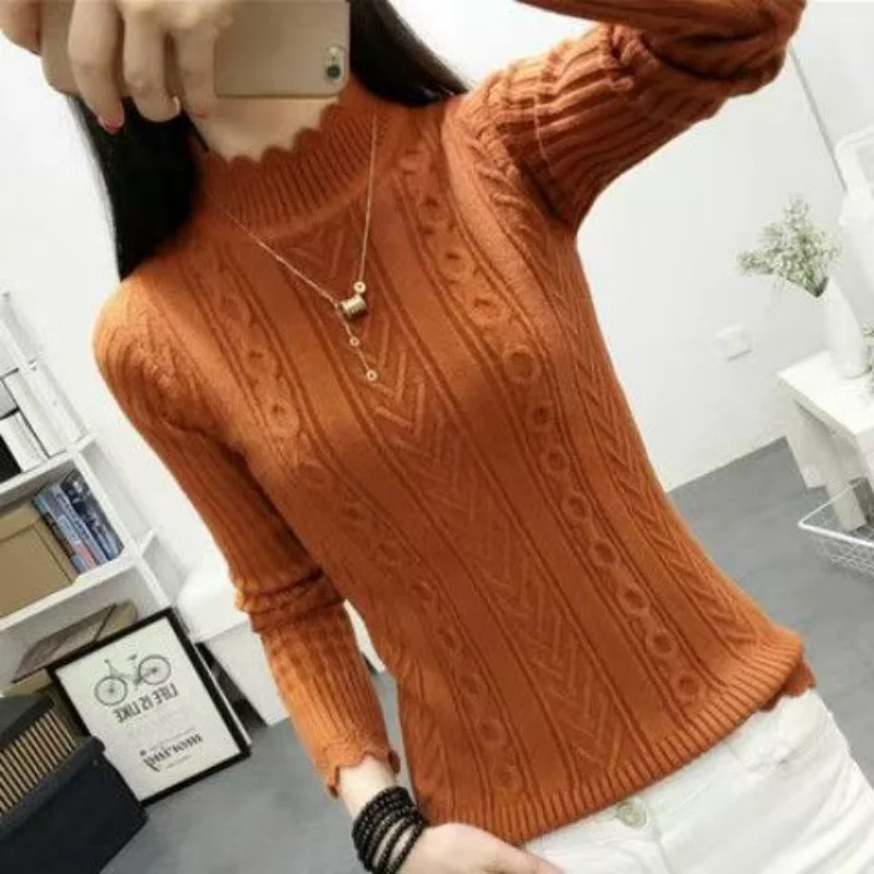 

Autumn and Winter Solid Color Long Sleeve Sweater Women's Season Lace Half High Collar Versatile Interior Knitted Base Sweater