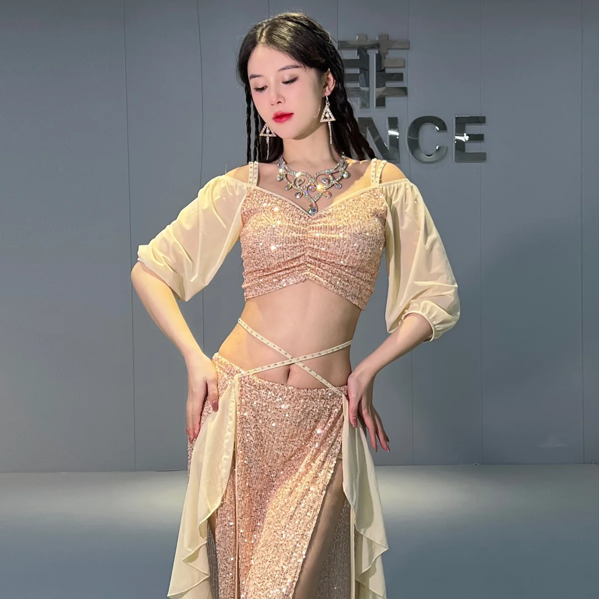 Belly Dance Costume Suit for Female Oriental Half Sleeves Top+AB Stones Split Long Skirt 2pcs Women Belly Daner\'s Stage Outfit