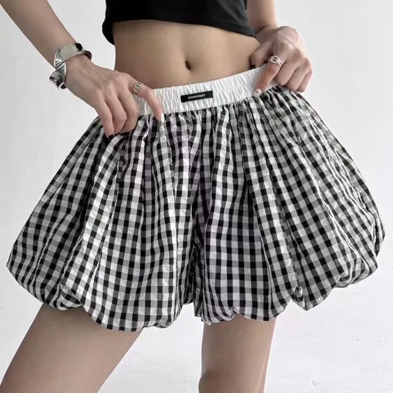 Lindas culottes a cuadros esponjosos con brotes para mujer, novedad de verano 2021, falda corta holgada de cintura alta en forma de A