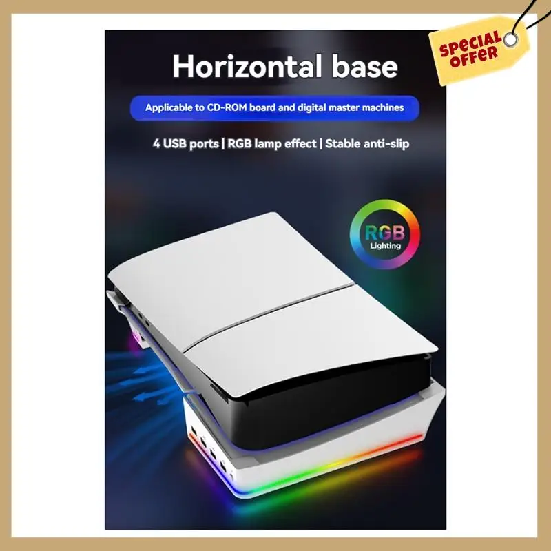 أداء مستقر - لحامل PS5 Slim/Pro مع أوضاع إضاءة و4 محاور USB لتخزين وعرض معزز باللون الأبيض