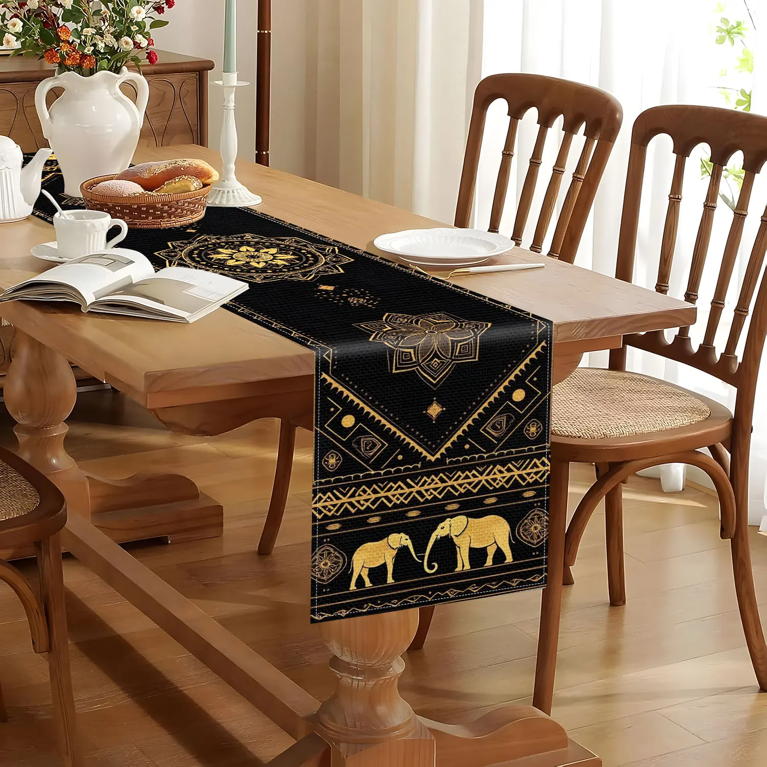 1 Piece of Exotic Theme Table Runner with Elephant and Mandala Pattern, Suitable for Bohemian Style Decoration, African Style Event, Wedding Banquet and Meditation Space