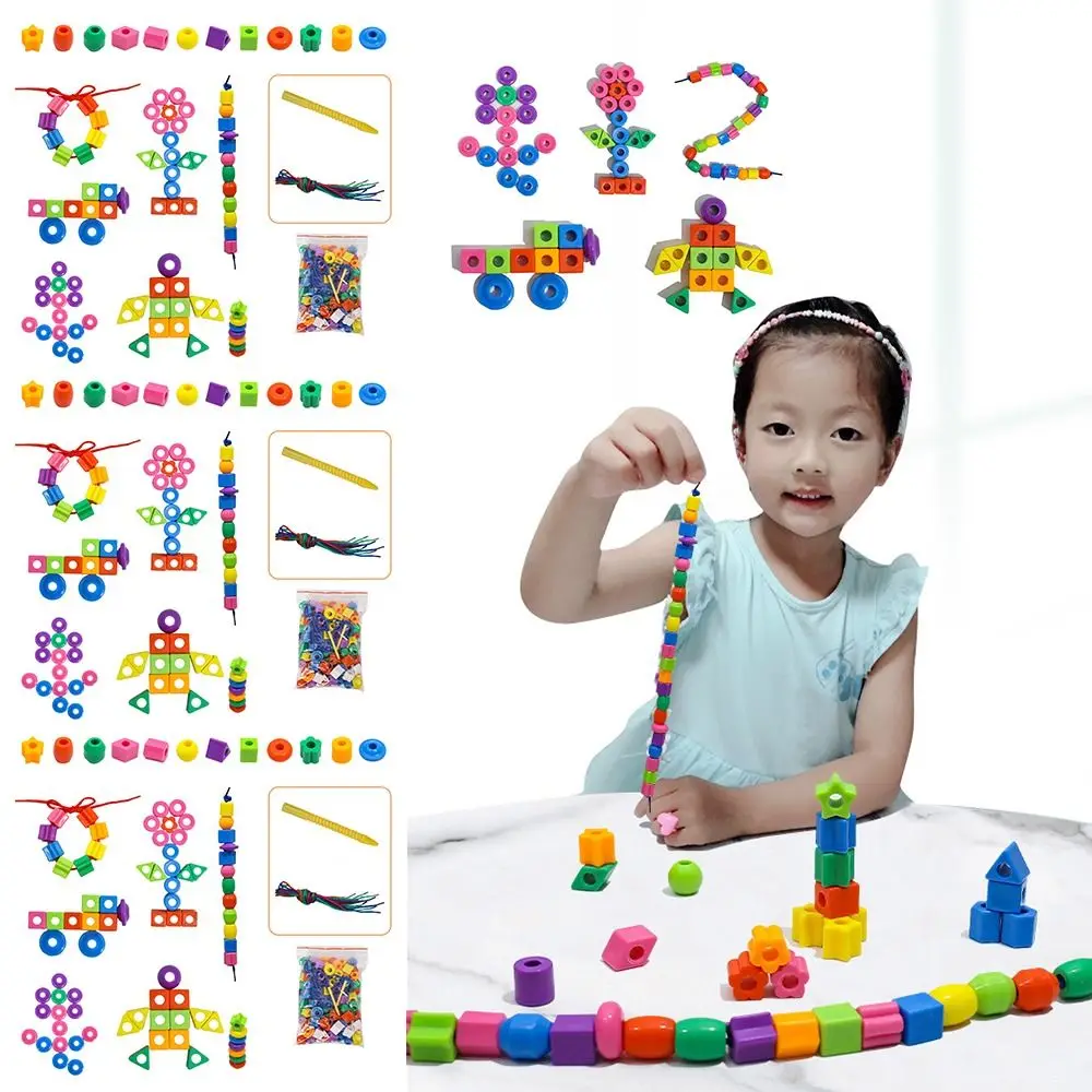 48/100/160PCS Multicolor Montessori Threading Beads Toy Geometry Shape Bracelet Toy Stringing Beads Toy Plastic Building Blocks