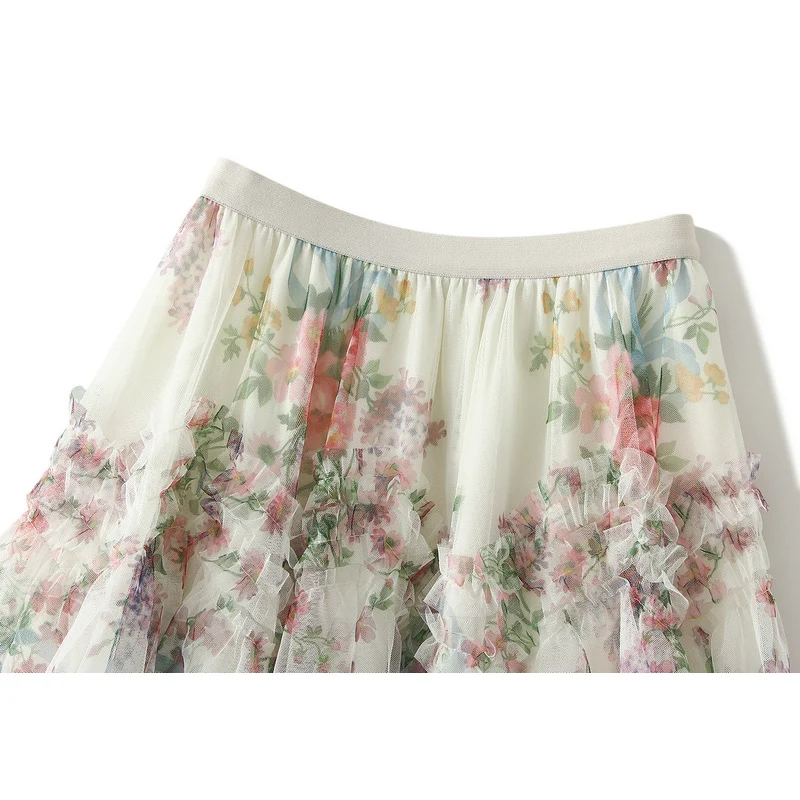 Saia de tule com estampa vintage para mulheres, saia longa em camadas, malha linha A, saia tutu feminina estilo palácio, outono e inverno