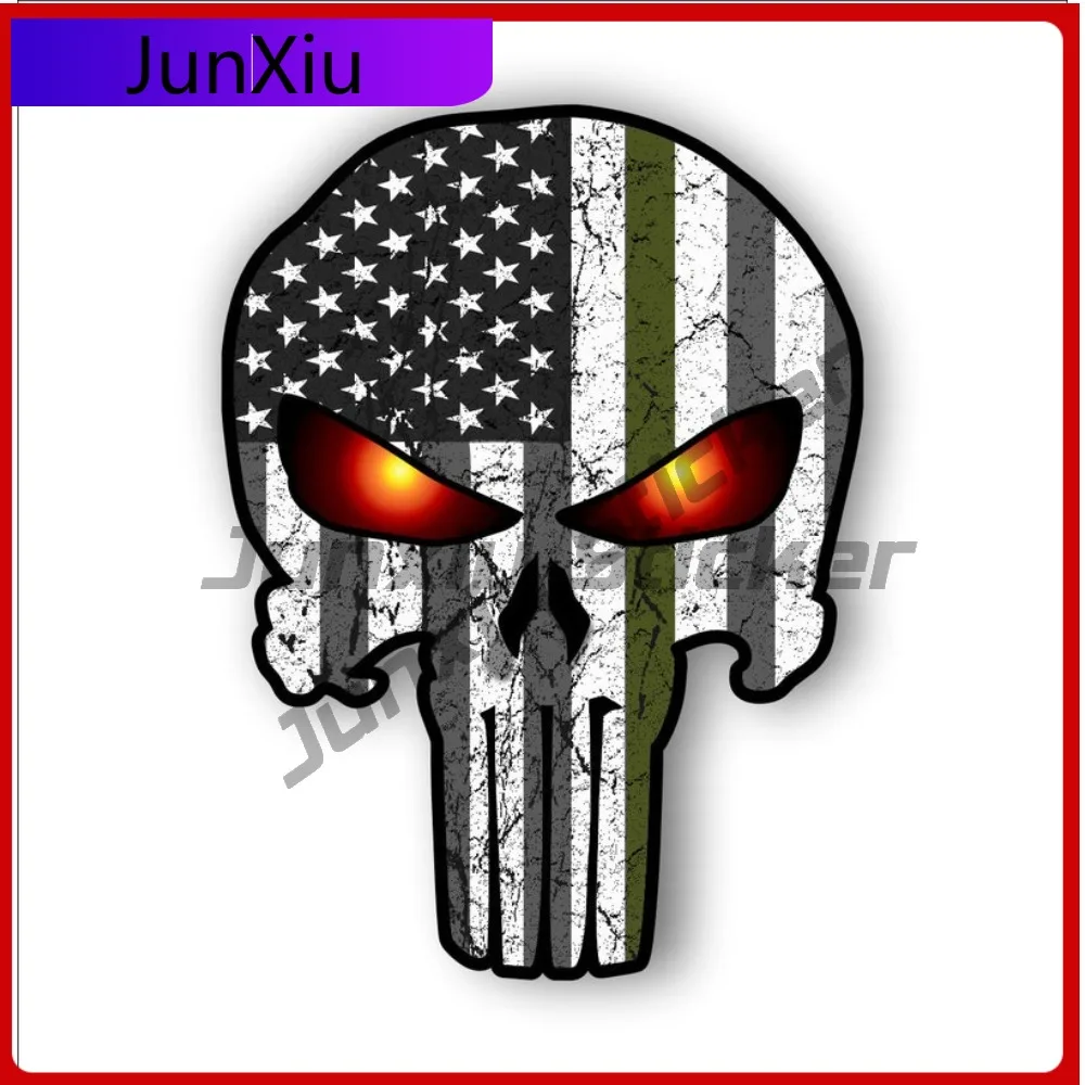 

Personalized Thin Green Line Skull With Subduded Decal American Flag And Glowing Eyes Sticker Car Laptop Trolley Case Motorcycle