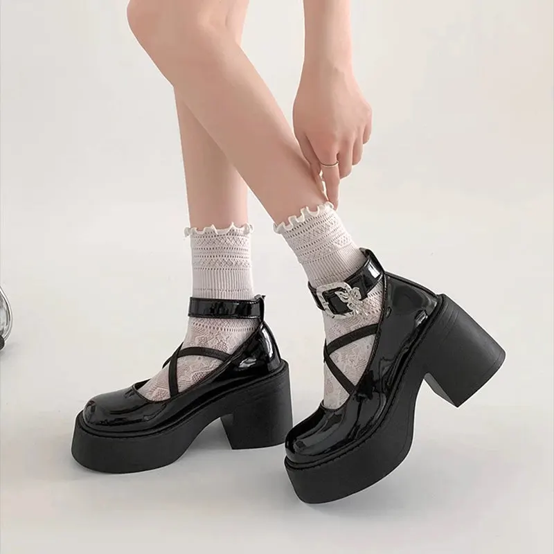 Metal ankle buckle High Heels Women Y2K Lolita shoes Chunky Platform Mary Jane Shoes Woman Thick Heel Gothic JK uniform shoes