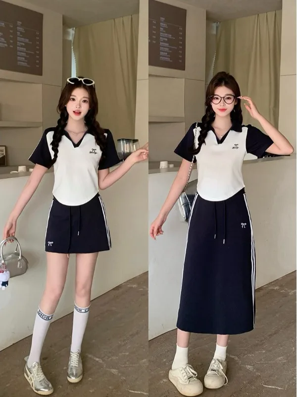 

Комплект женской модной одежды больших размеров: повседневный спортивный летний наряд с коротким рукавом, утягивающая юбка-миди, прямой крой, укороченный фасон