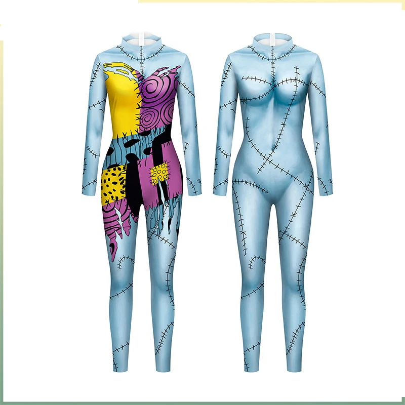 Traje Sally Horro para Mulheres, Vestido Sem Mangas, Macacão Fino, Catsuit, Zentai, Leggins Góticos, Halloween Movie Cosplay, Festa