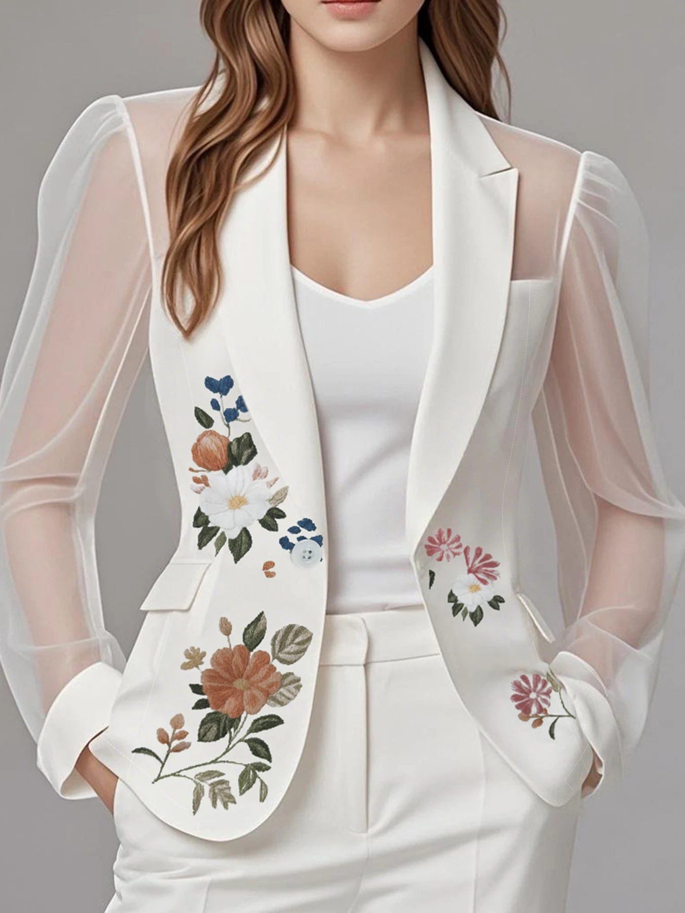

Women's Suit Coat Splicing Transparent Mesh Sleeve Single Button Flower Printed Suit Jacket Office Lady Female Tops 2025