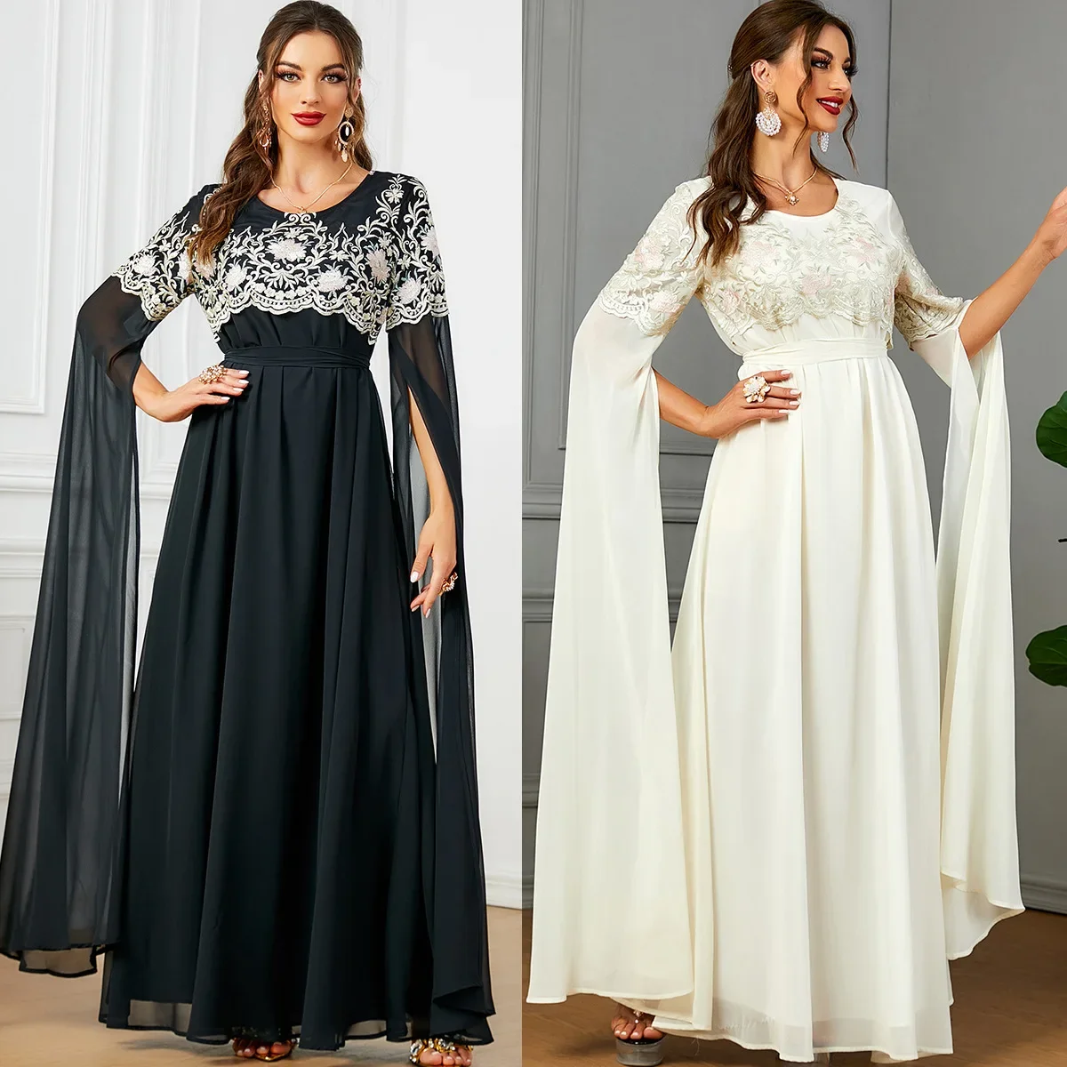 UNI Arab Mesh Embroidered Dress with Belt O-Neck Super Full Sleeves Stylish Abaya for Muslim Woman Moroccan Party Kebaya