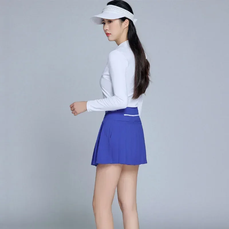 DK Women Anti-exposure Golf Short Skirt Slim Pleated Casual Skorts Ladies Long Sleeve T-shirt Button Polo Golf Shirt Elegant Set