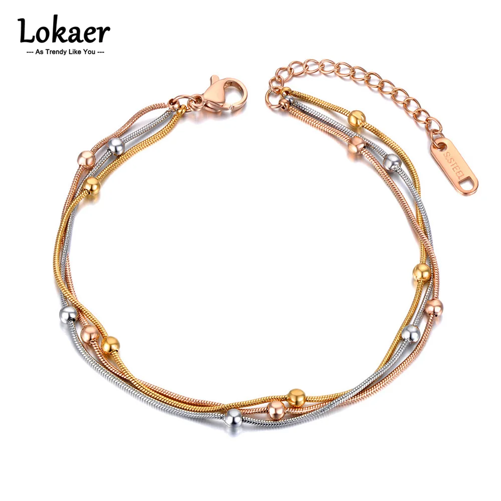 Lokaer tytanowa bransoletka ze stali nierdzewnej trzy złote kolory moda Bohemia trzy warstwy łańcuszek z koralikami bransoletka dla kobiet B21082