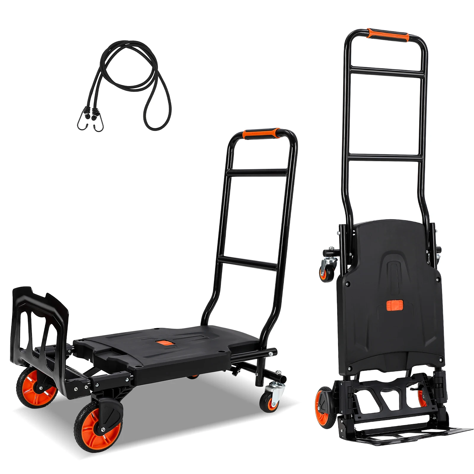 Folding Hand Truck, 330 Lbs Capacity Heavy Duty Dolly Cart, 2 in 1 Convertible Hand Cart with 4 Wheels and 2 Elastic Ropes