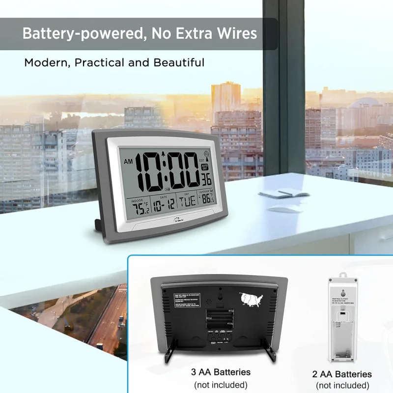 Atomic Clock with Outdoor and Indoor Temperature Self-Setting Digital Clock Large Display.
