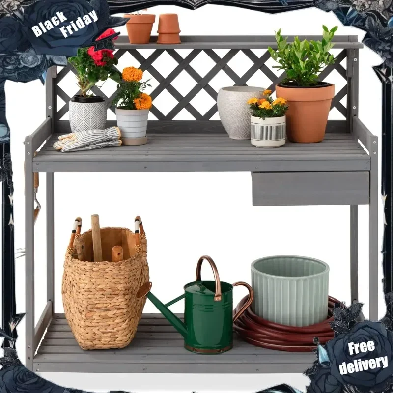 Outdoor Garden Potting Bench, Wooden Workstation Table w/Cabinet Drawer, Open Shelf, Lower Storage, Lattice Back - Gray