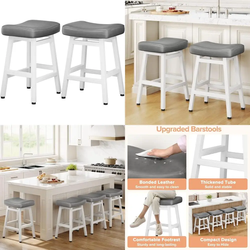 مجموعة مكونة من 2، 24 مقاعد بارتفاع عداد، مقعد سرج رمادي/أبيض مع جلد مربوط، أرجل معدنية، سهل التجميع لعد المطبخ #1