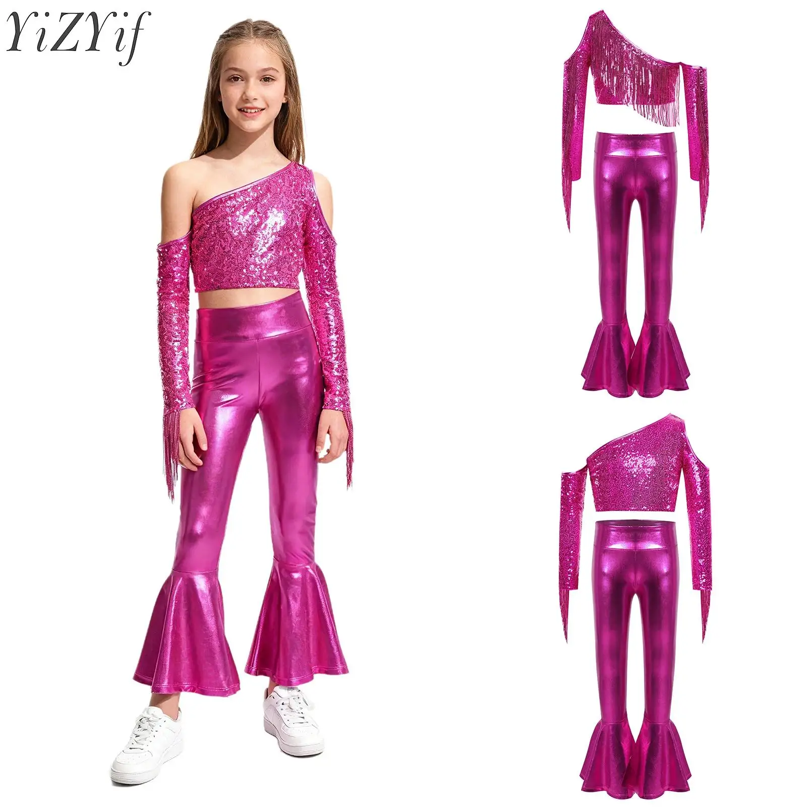 

Детский костюм для диско-джазовых танцев для девочек: топ на одно плечо с длинным рукавом, блестящими пайетками и бахромой, укороченный, с брюками-клешами. Одежда для джазовых танцев.