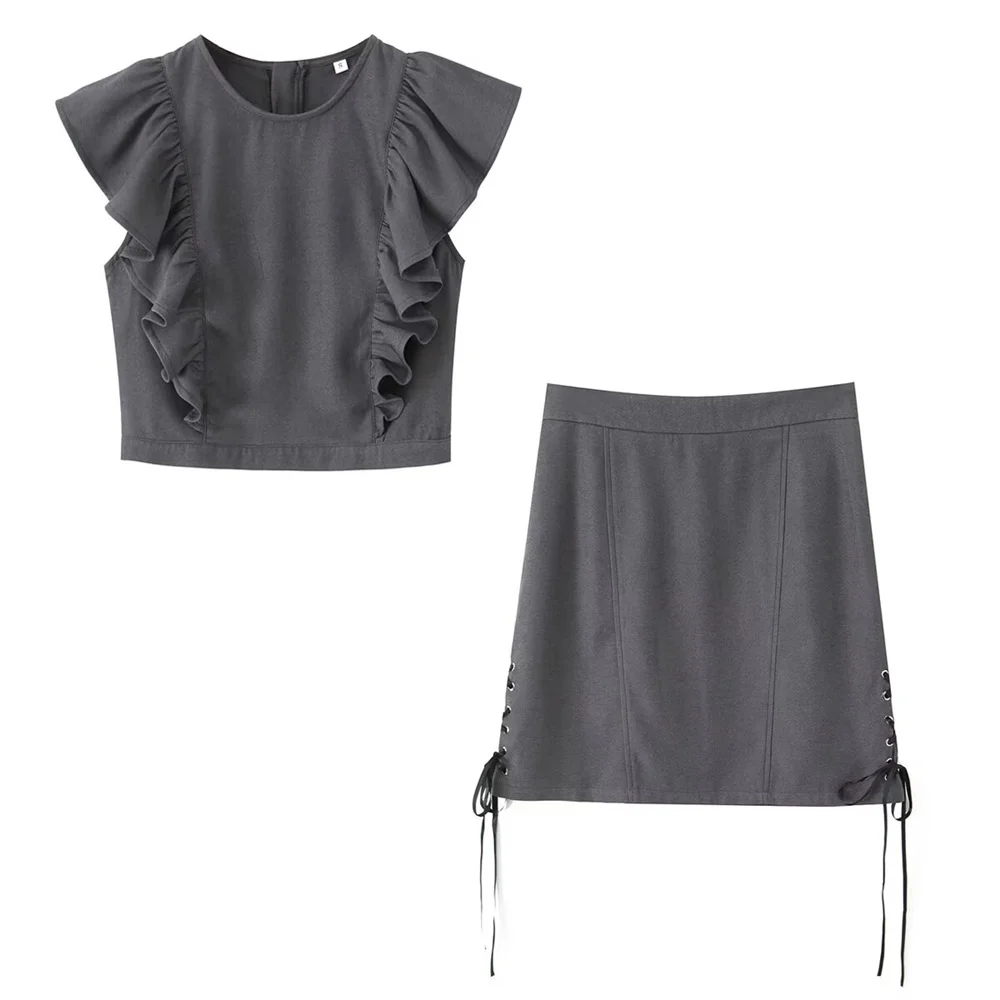 

Zach Ailsa women's layered decoration round neck small flying sleeve vest top summer new straight tube mid waist skirt