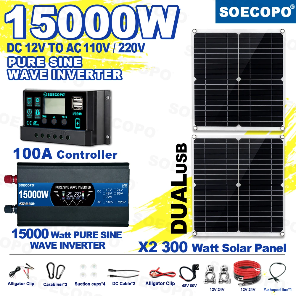 

SOECOPO 15000W Pure Sine Solar System Kit 2*300W Panels 12V 110V 220V Inverter and 100A Controller for Home Balcony Power Plant