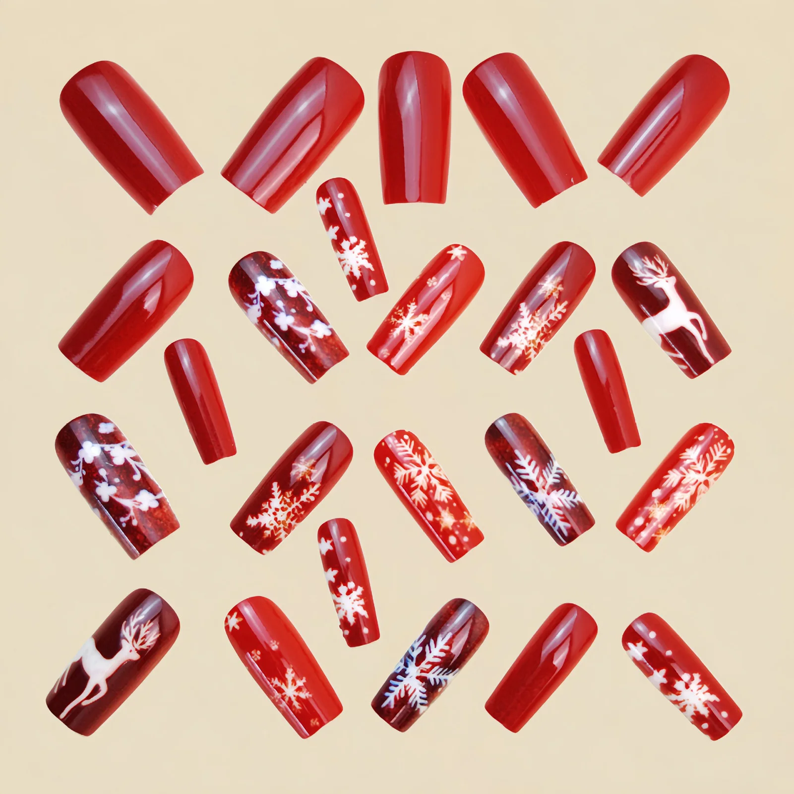 Red Christmas Fake Nails for Women Girls 24Pcs Medium-length Square Press On Nails White Snowflake/Elk Printed Party False Nails