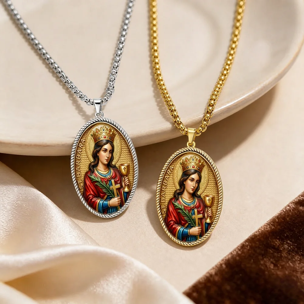 Saint Barbara Medal Pendant Necklace Color Enamel Picture Religious Saint S.Barbara Catholic Christian Protection Amulet Jewelry