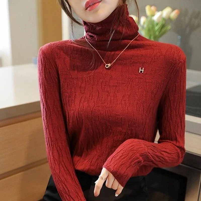 Christmas Frilly Sweater Thin All-match Pullover Full Sleeve Turtleneck Elegant Solid Casual Elastic 2023 New Autumn Korean Tops