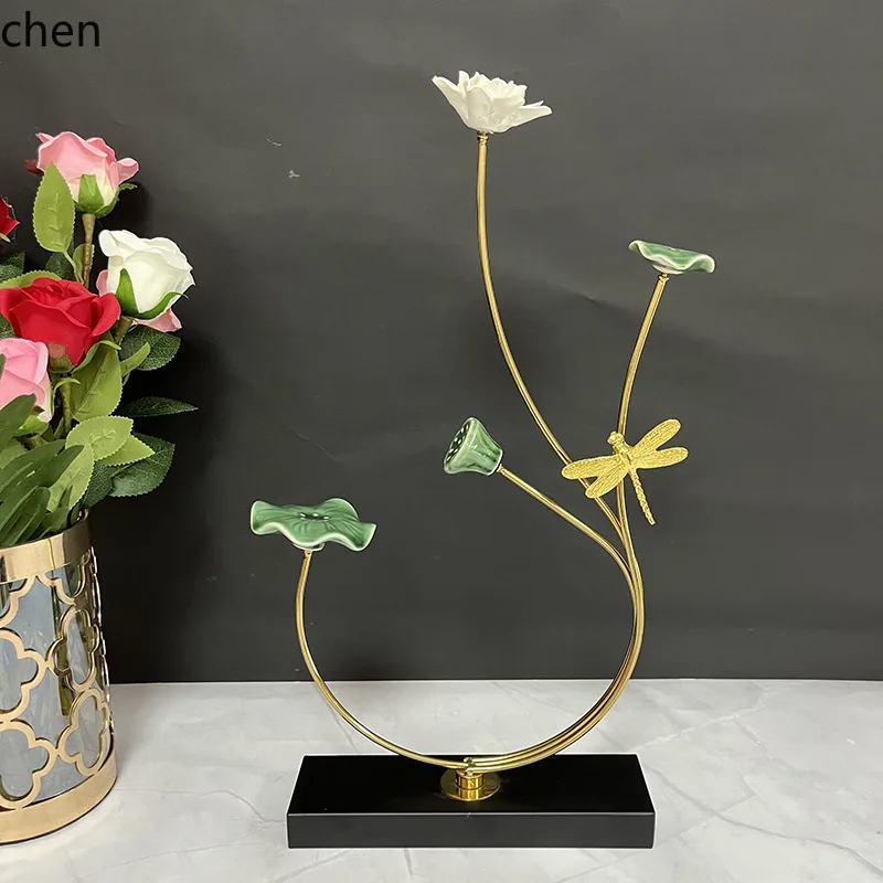 ZML Lotus Ornament New Chinese Style Iron Art Ceramic Lotus Craft Decoration for Home Living Room, Entryway, and TV Cabinet