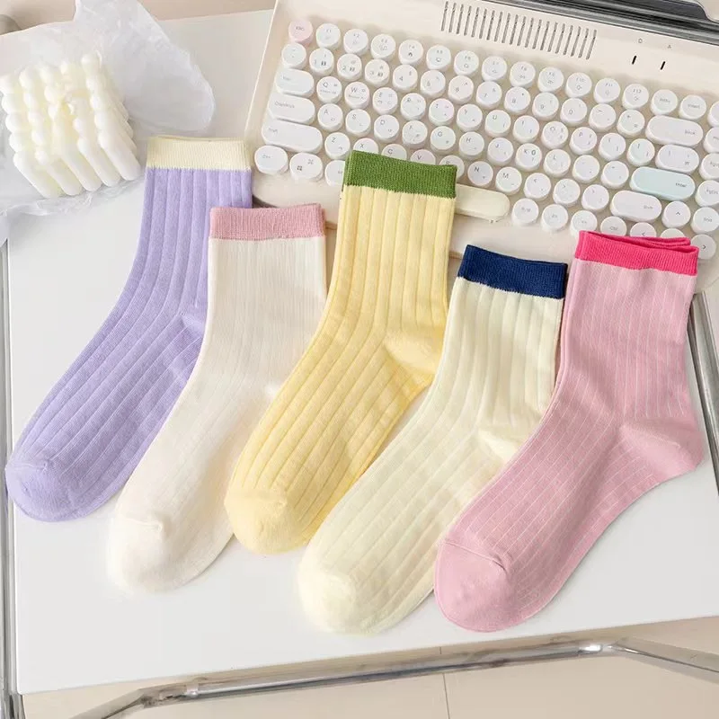 Sweet Style Dopamine Color-Block Striped Socks for Women Summer Thin Rainbow Student SocksinsMid-Calf Socks Casual Socks