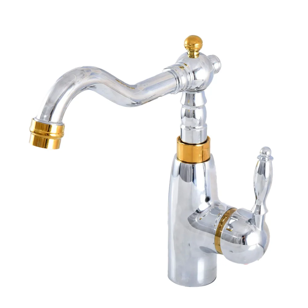 

Polished Chrome & Gold Color Brass Bathroom Basin Sink Faucet Mixer Tap Swivel Spout Single Handle One Hole Deck Mounted tsf813