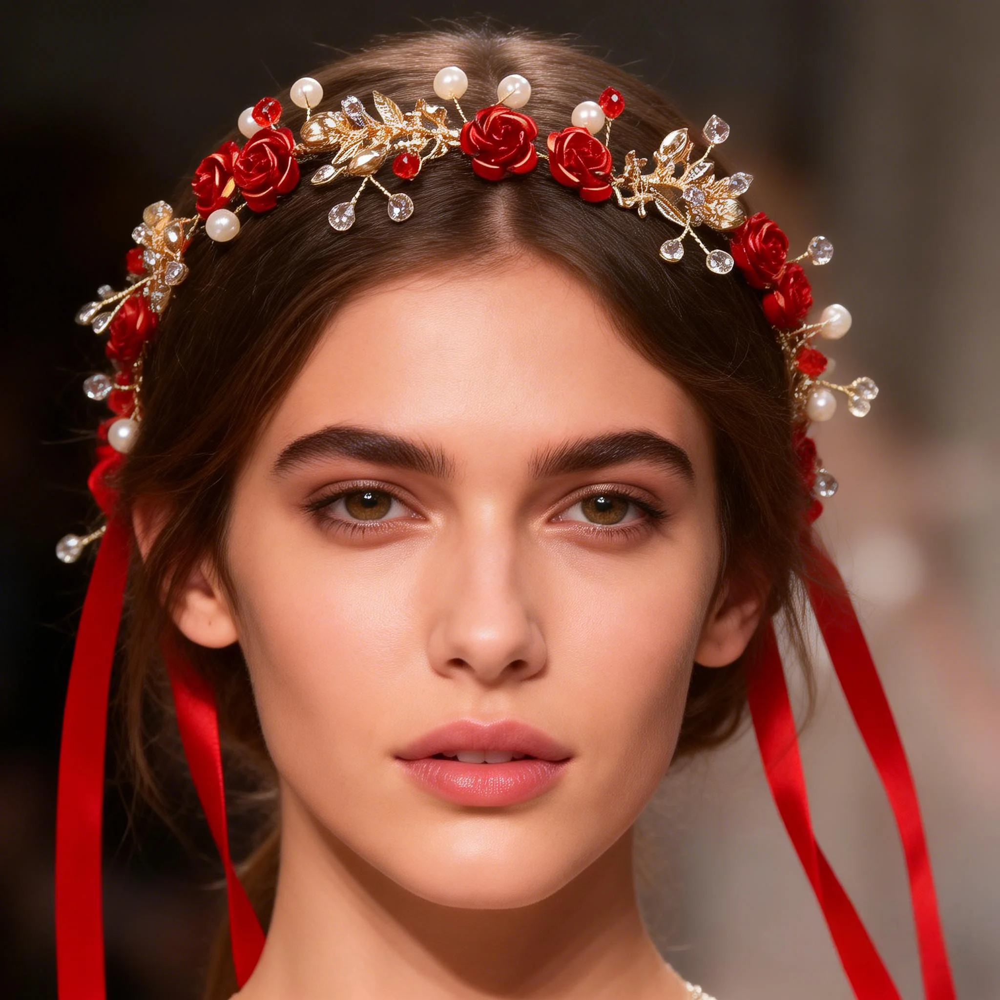 1 Piece Red Rose Pearl Crystal Headband, Vintage Style Suitable for Bridal Look / Red Ribbon Headband / Holiday Wear