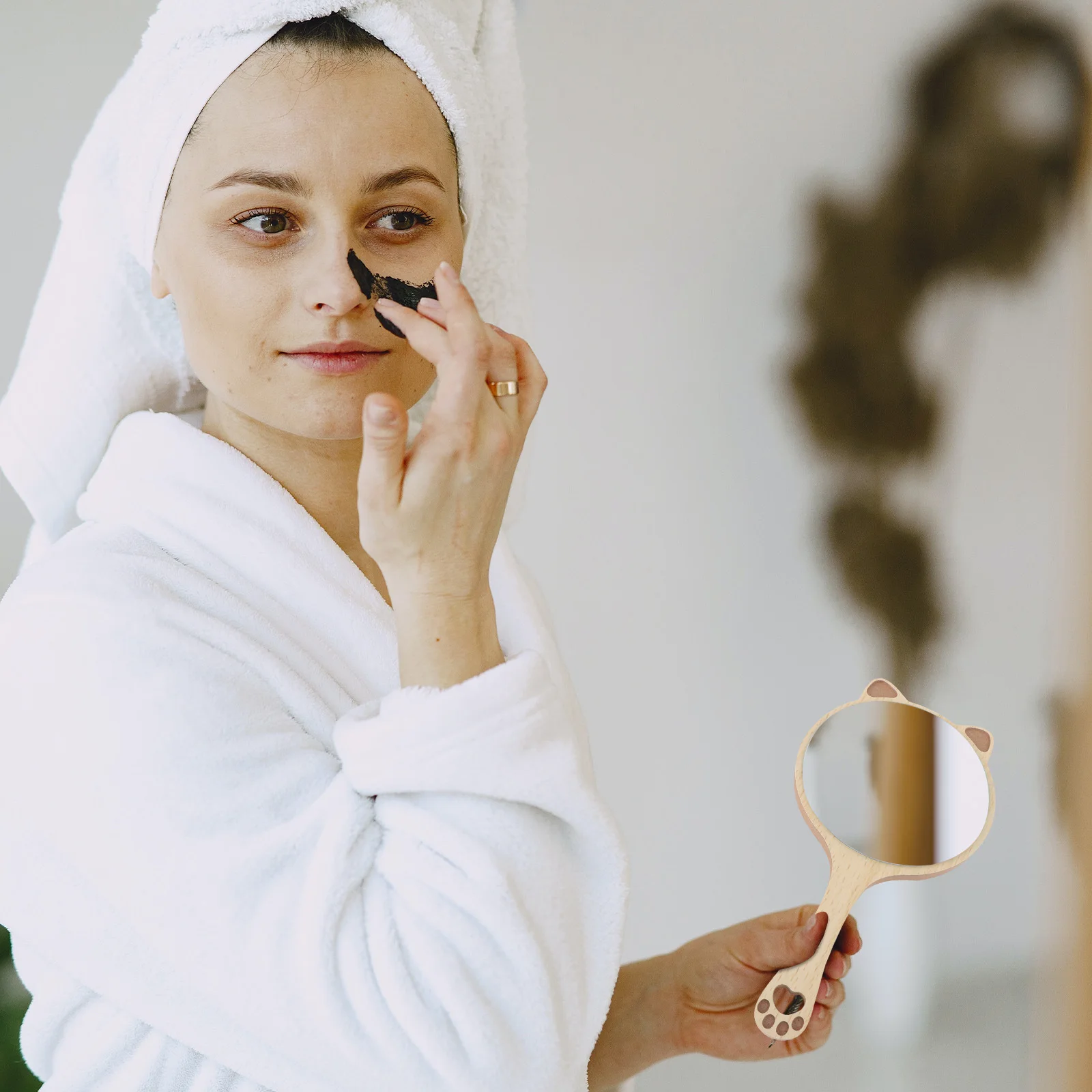 Wooden Cat Ear Compact Handheld Makeup Mirror Portable Travel Mirror for Women Teens Makeup Tool