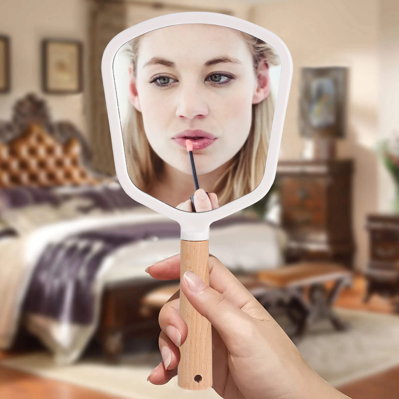 Make-upspiegel met houten handvat, draagbare lichtgewicht draagbare kapperssalonspiegel, High Definition, helder oppervlak