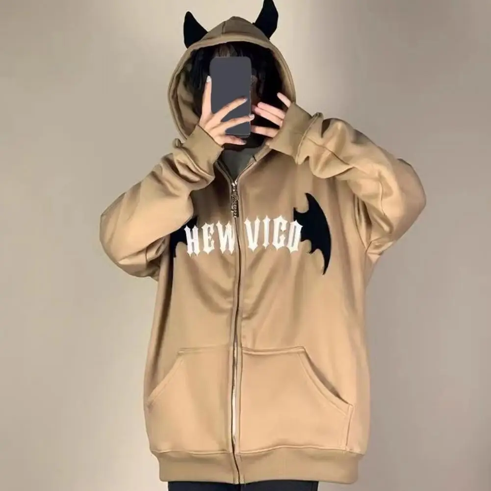 Velvet Hoodie Thickened Plush Men's Hoodie with Horn Decor Zipper Closure Long Sleeve Cardigan with Elastic Cuff for Loose