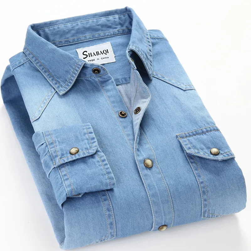 SHAN BAO classic brand double pocket button 100% cotton denim shirt 2022 spring high quality men\'s slim long-sleeved shirt