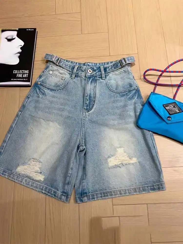 

Винтажные рваные джинсы для женщин, модные свободные шорты с высокой талией для поездок на работу, элитные повседневные женские синие шорты с карманами