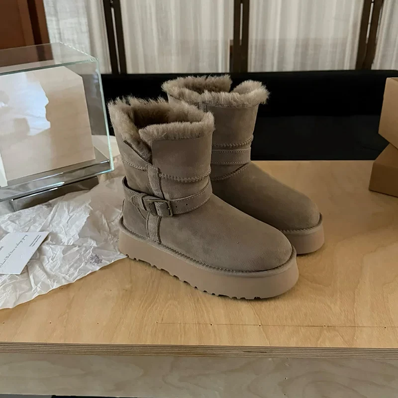 Thick soled knight boots, snow boots for women, 2026 new model, thickened sheepskin and leather integrated cotton shoes