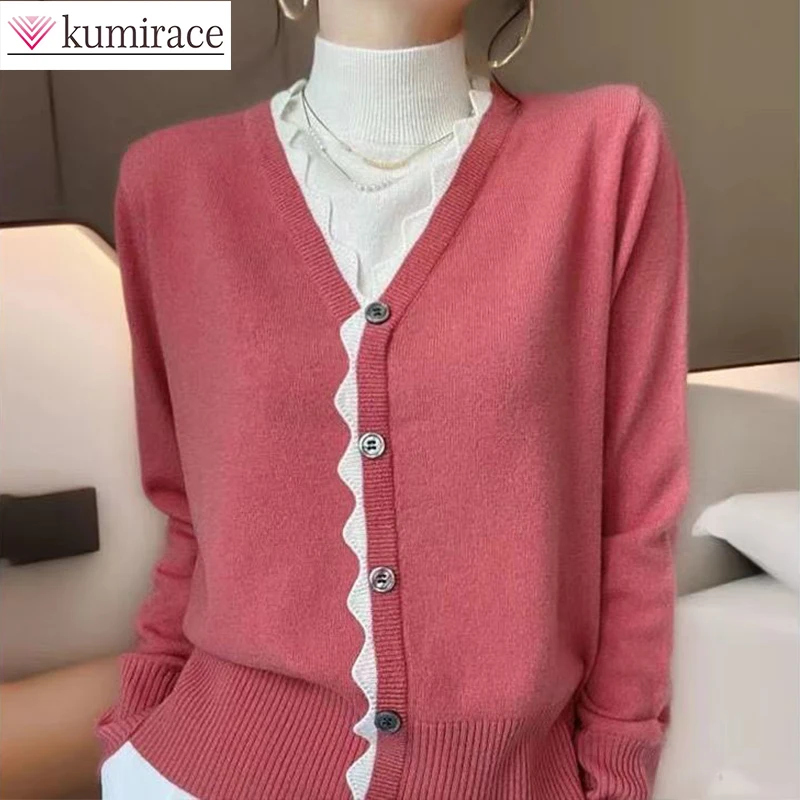 

Korean Long Sleeve Sweater 2022 Autumn and Winter New V-neck Bottomed Shirt Elegant Women's Pullover Sweater Fake Two Tops