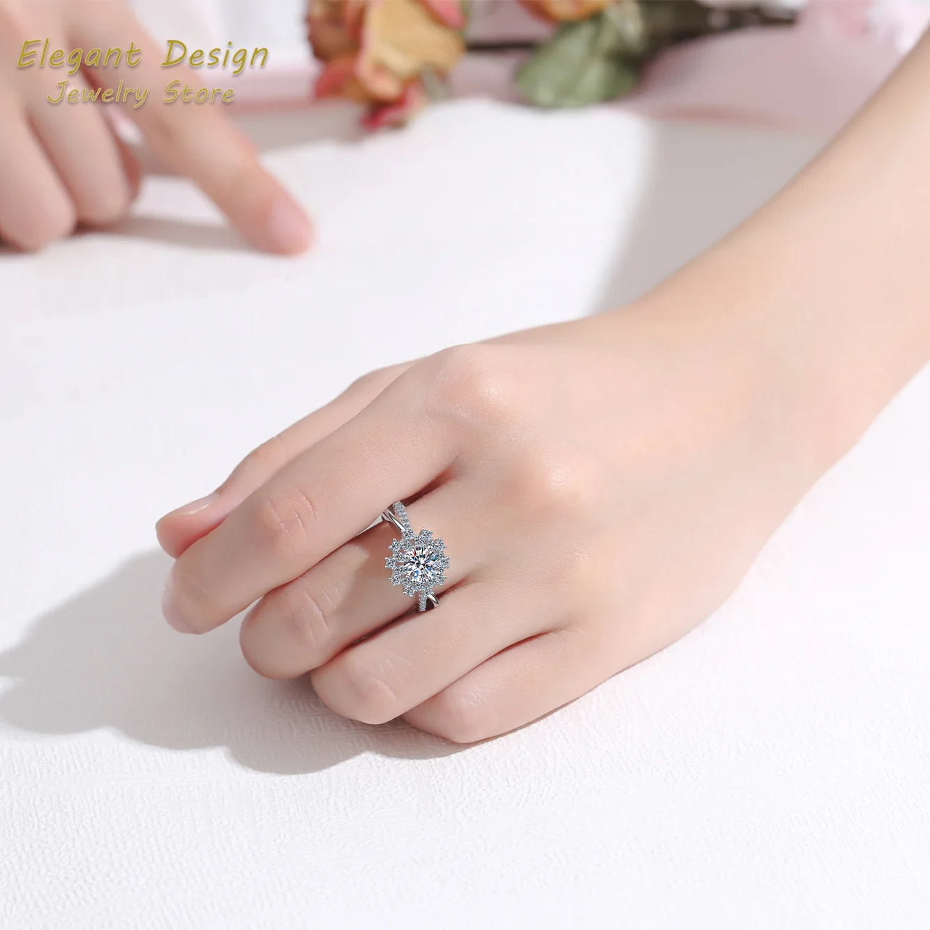 

Valentines Gifts 80 Points Moissanite Sunflower Ring Luxury Platinum PT950 Diamond Ring for Women Set Glamorous Bridal Jewelry