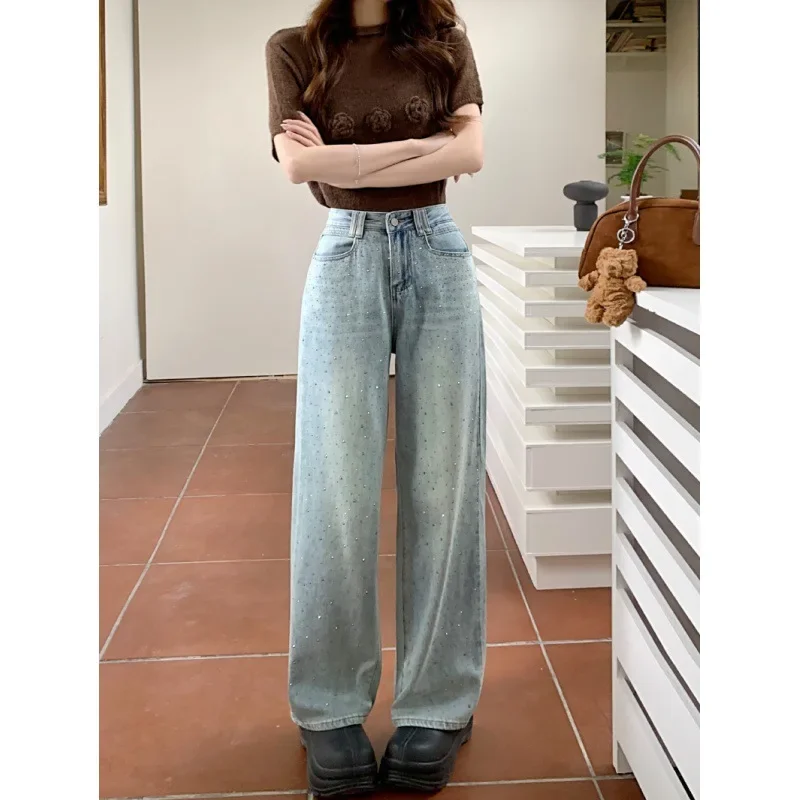 

Full Length Washed Denim Straight Pants Women Distressed Jean Zipper Fly Pockets High Waist Bleached Jeans Basics Loose Fit