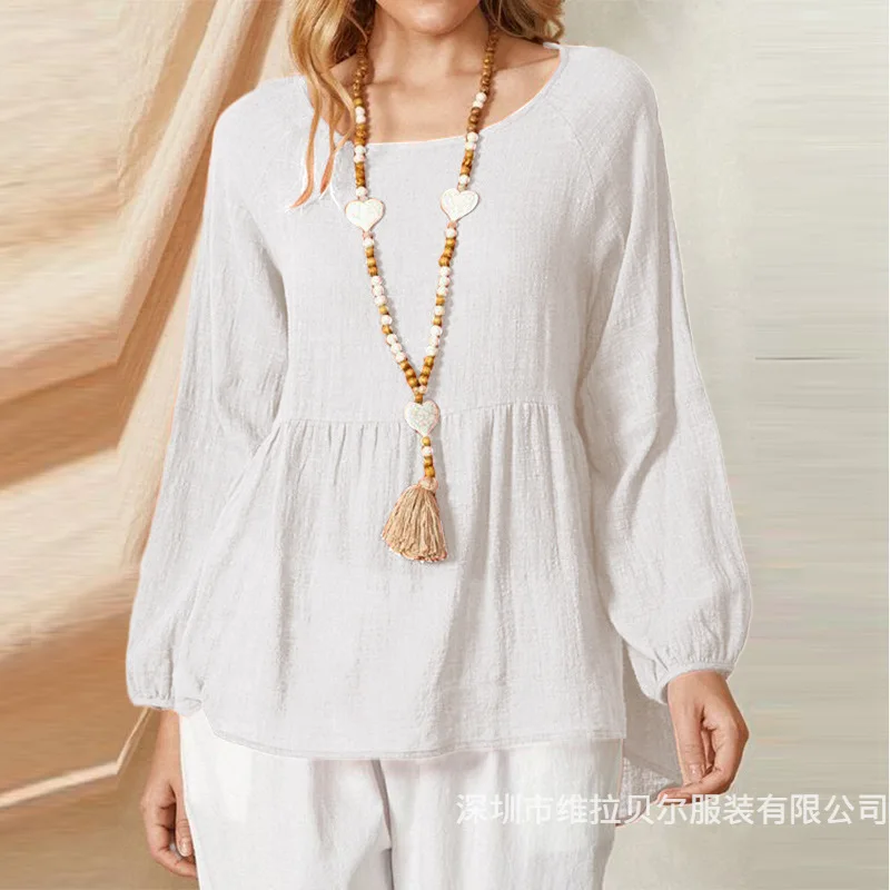 Women's Long Sleeve Shirts Blouse 2024 Spring New Casual Loose Tops Lantern Sleeves Cotton Linen Shirt White Blouse For Woman