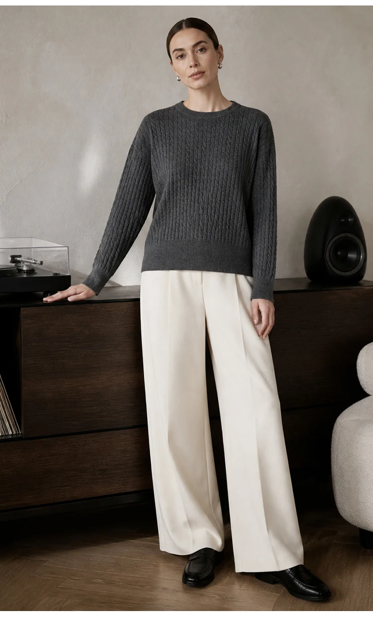 ML62062 Damen Minimalistischer Zopfmuster-Pullover mit Rundhalsausschnitt, Langarm, Modal-Mischung, Weich und Warm, Herbst-Winter-Oberteil – Detail 11