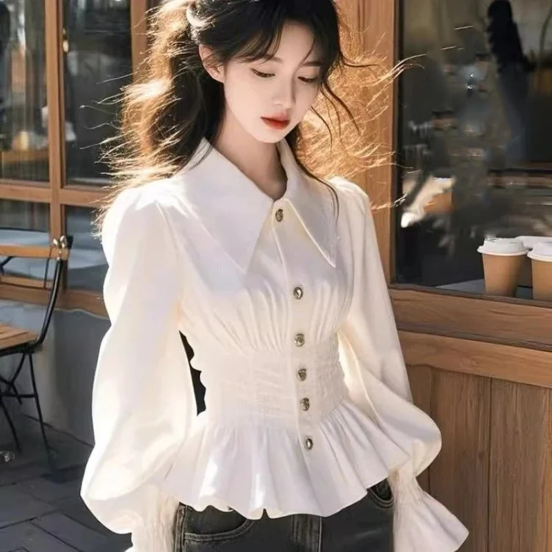 Style coréen doux élégant blanc femmes chemise Vintage lanterne à manches longues Blouses minces mode japonaise bureau dame princesse haut
