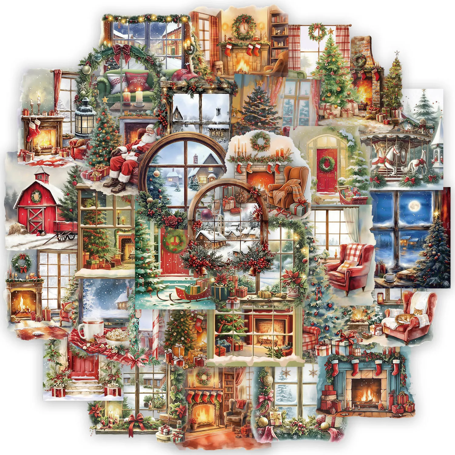 50PCS Christmas Watercolor Scene Fun Stickers DIY Phone Case Laptop Thermos Toy Stickers