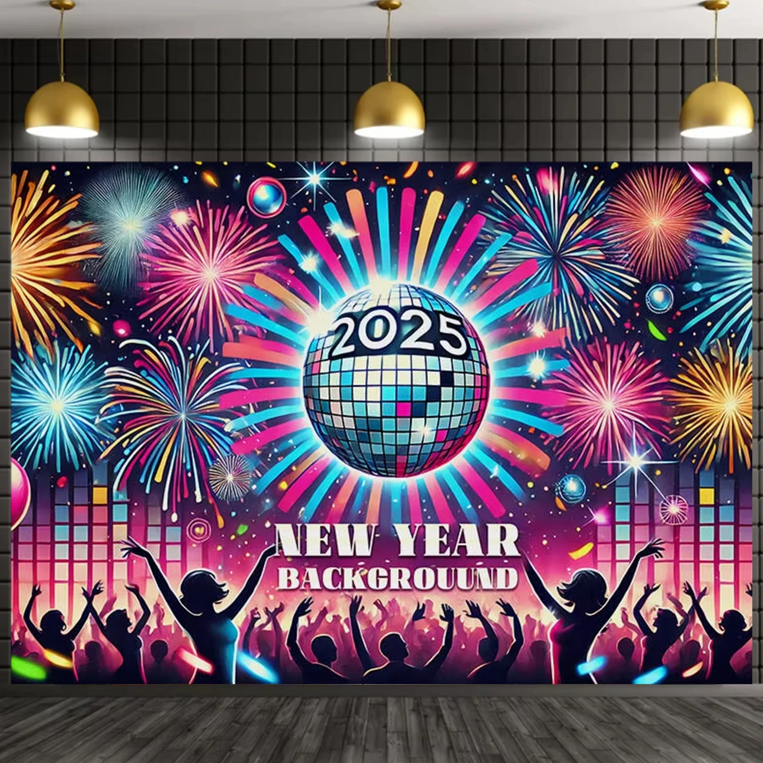 Happy New Year 2025 Theme Background Fireworks Gold Champagne Wine Glasses Celebration Banner Party Decoration Gift  Prop Supply