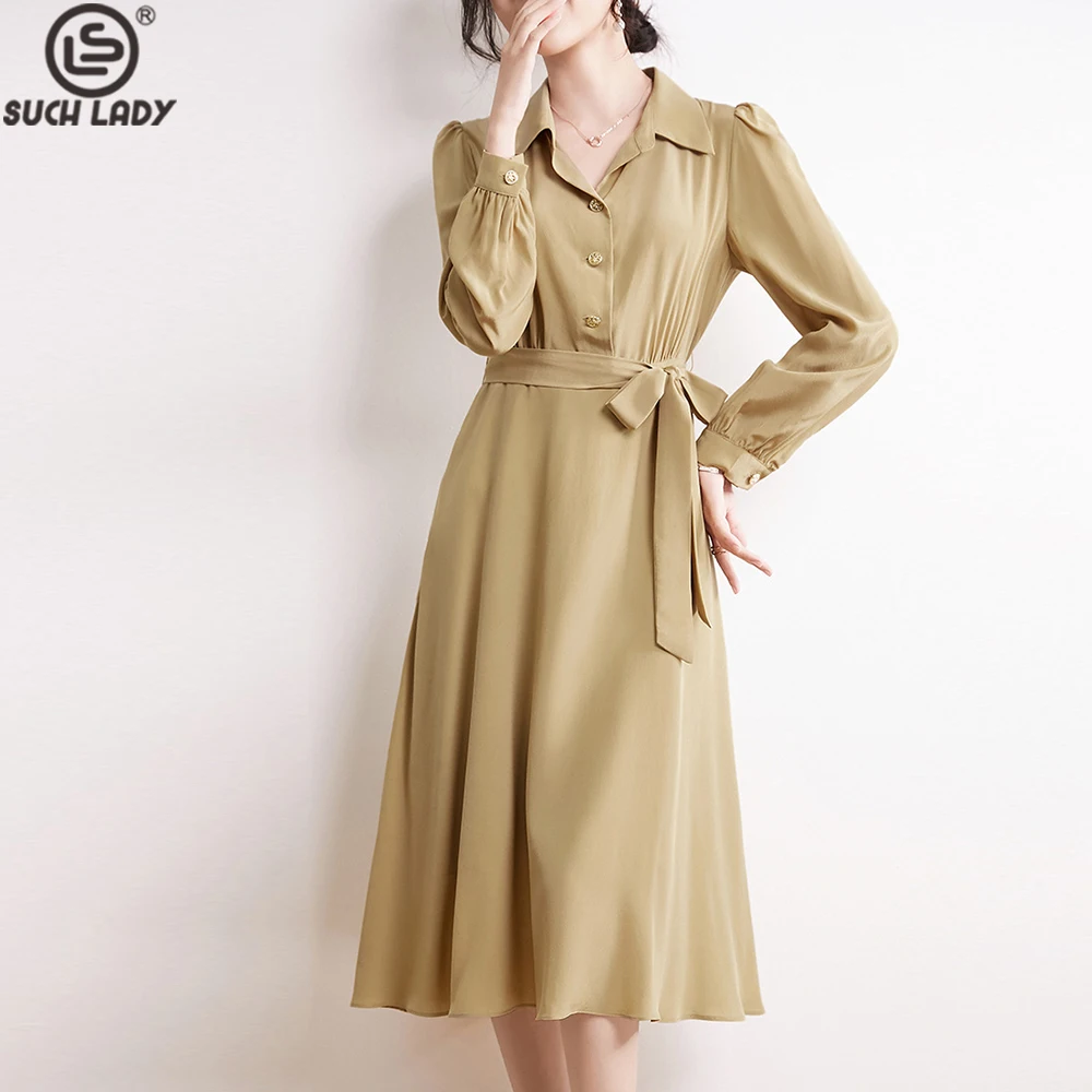 

100% Natural Silk Women's Dresses Turn Down Collar Long Sleeves Lace Up Belt Elegant Fashion Vestidos