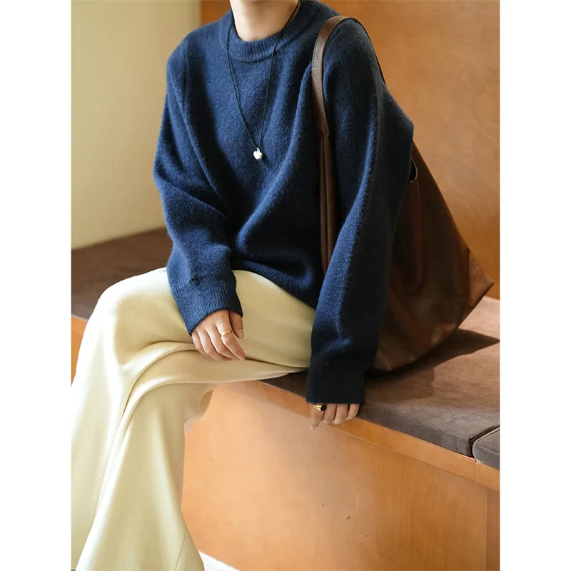 Soft Glutinous Comfortable Round Neck Sweater for Women 2024 New Pullover Loose Versatile Knitted Top C12