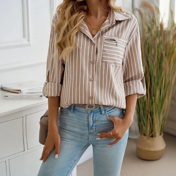 Women's Autumn New Top Temperament Loose Button Cardigan Striped Long Sleeved Shirt Shipped Within 48 Hours