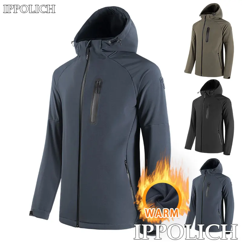 Outdoor-Jacke, Sport, Herren, winddicht, wasserdicht, mit Kapuze, warm, fügen Sie Samt-Softshell-Jacke hinzu, Winter-Kapuzenjacke, warme Lauf-Sportjacke
